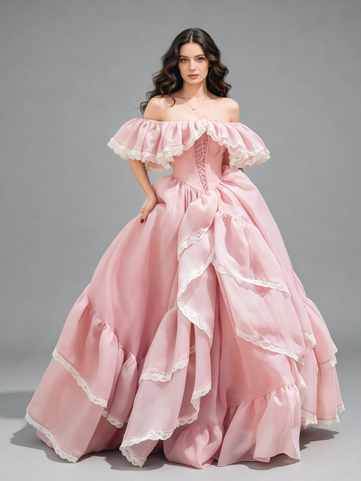 Blush Pink Organza Dress Off-shoulder Corset Gown for Photoshoot Adjustable Train Length