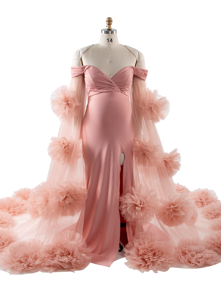 Dusty Pink Maternity Photoshoot Dress Tulle Rose Cape Mermaid Maternity Baby Shower Gown YW250074