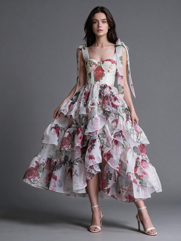 Watercolor Floral Tiered Ruffle Shoulder Tie Princess Dress YW2610164