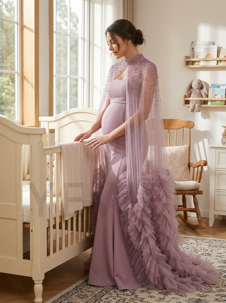 Dusty Pink Tulle Rose Cape Mermaid Maternity Baby Shower Gown YW260822