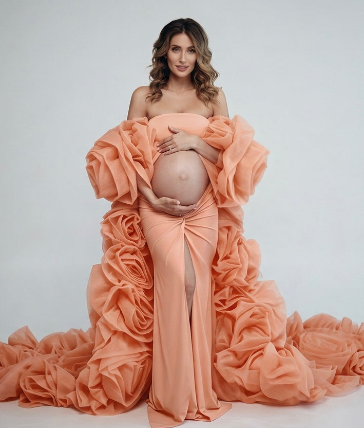 Pre-Order Rose Flower Cape with Slim Dress Set Pregant Dress for Baby Shower Maternity Photoshoot Gown 16-16W / Picture Color