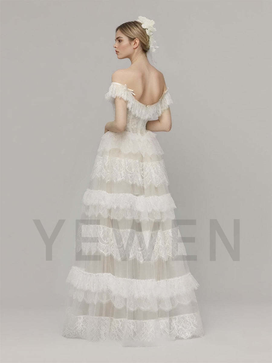 Bridal Wedding Dresses Strapless Lace bohemian Wedding Dress Layer Ruffles Long Customized Gown