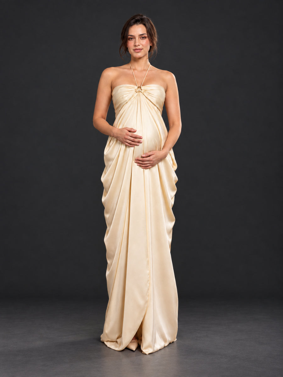 Draped Satin Halter Strapless Maternity Gown for Photoshoot HA261005