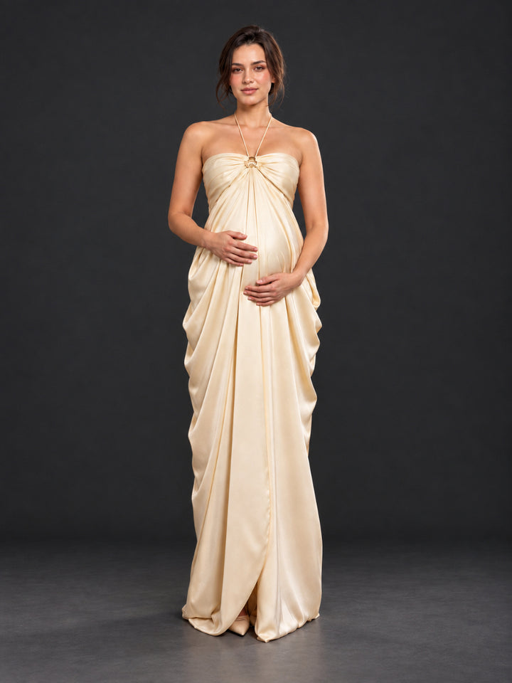 Draped Satin Halter Strapless Maternity Gown for Photoshoot HA261005