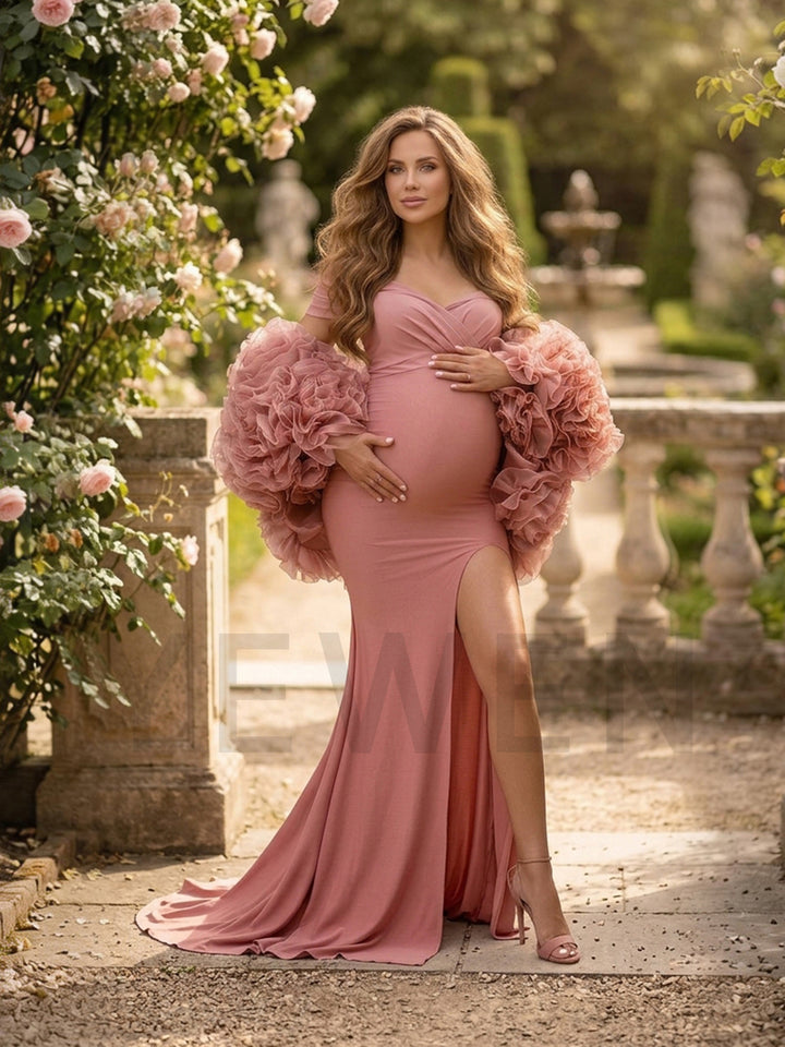 Dusty 3D Floral Cape High Slit Maternity Gown for Photoshoot YW2610196