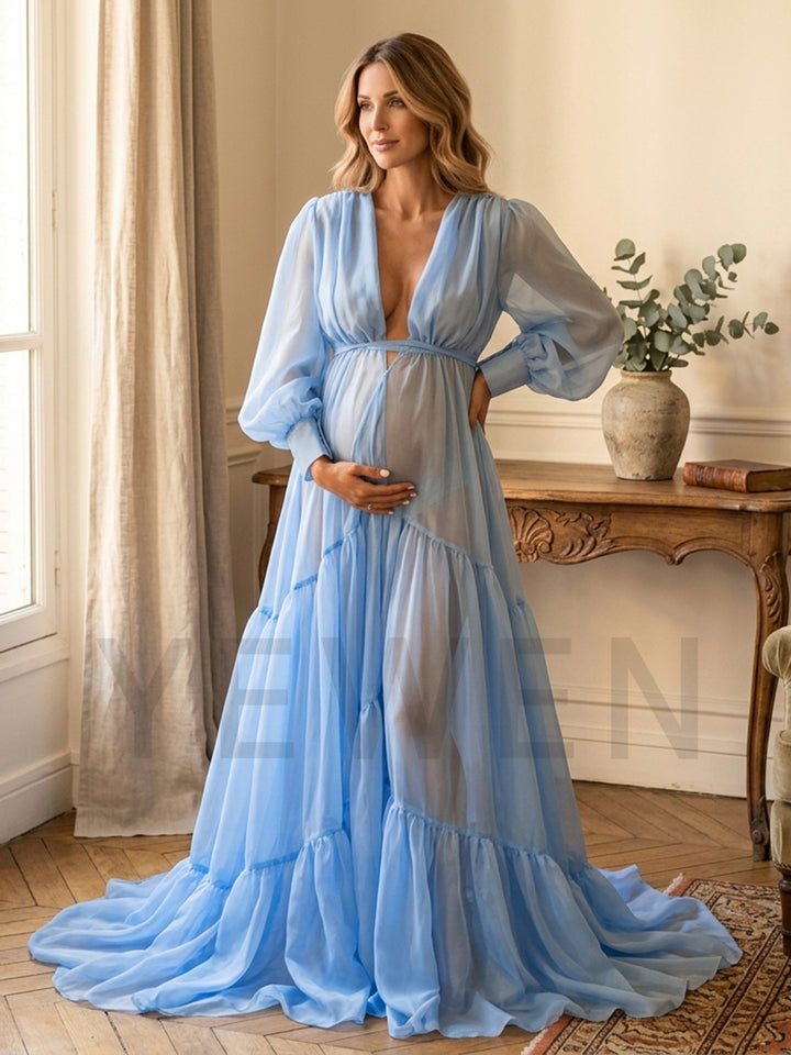 Deep V-Neck Sheer Long Sleeve Maternity Gown for Photoshoot YW2610192