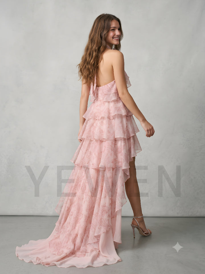 Pink Halter 3D Floral Tiered Ruffle High-Low Party Dress ZO269002
