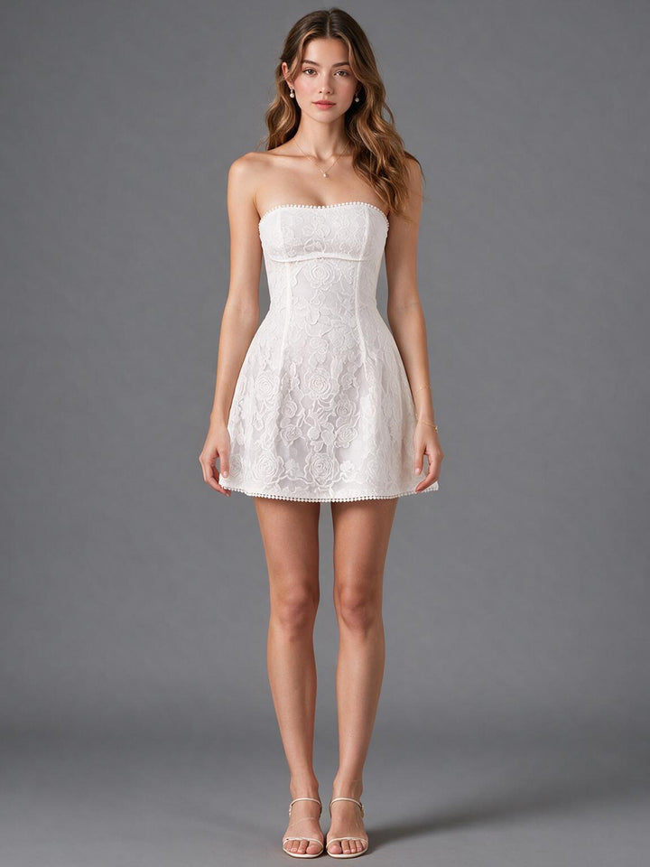 Ivory Lace Pearl Mini Wedding Dress with Oversized Back Bow