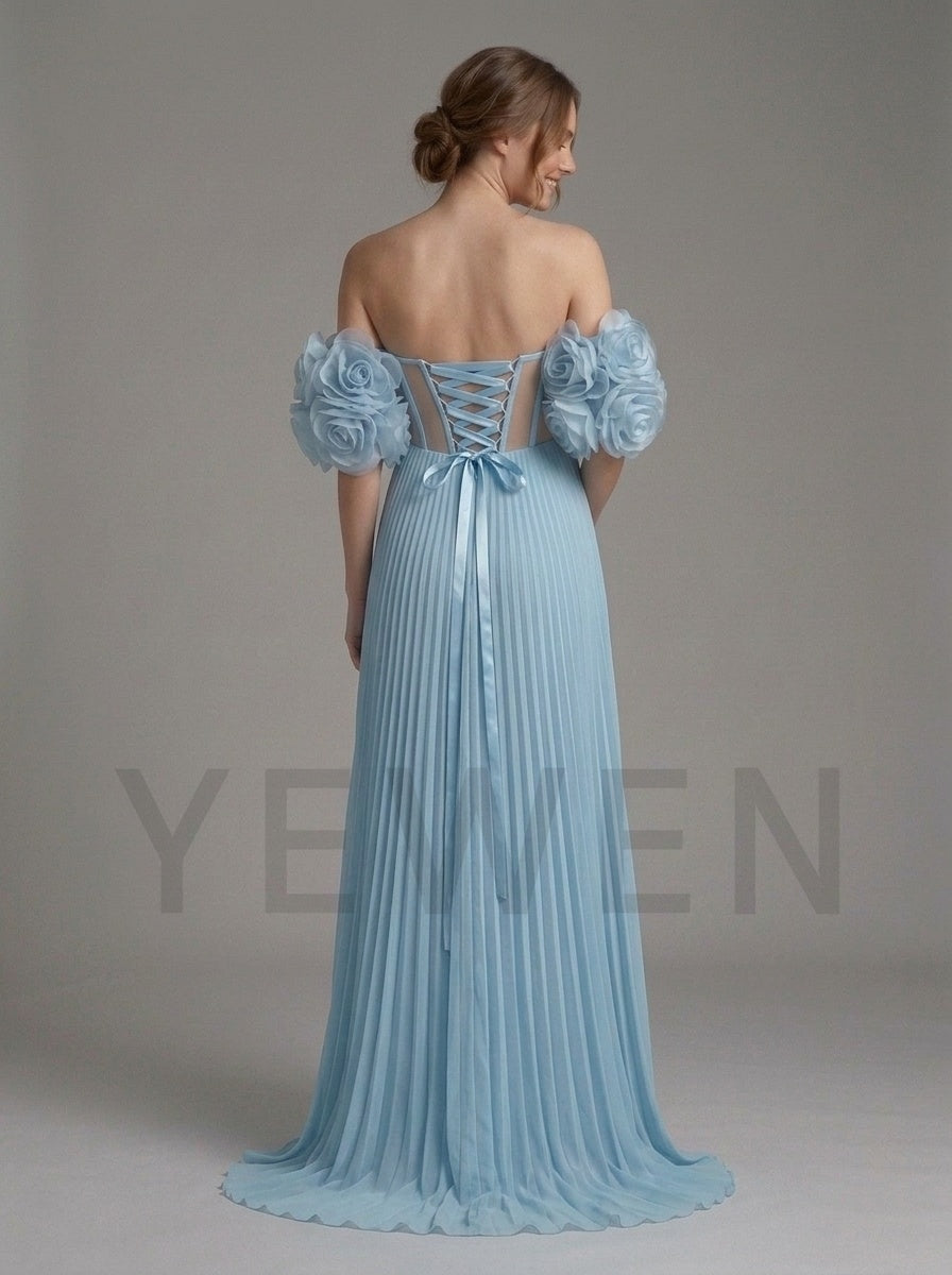 Blue 3D Rose Off-Shoulder Pleated Maternity Dress Baby Shower YD261023