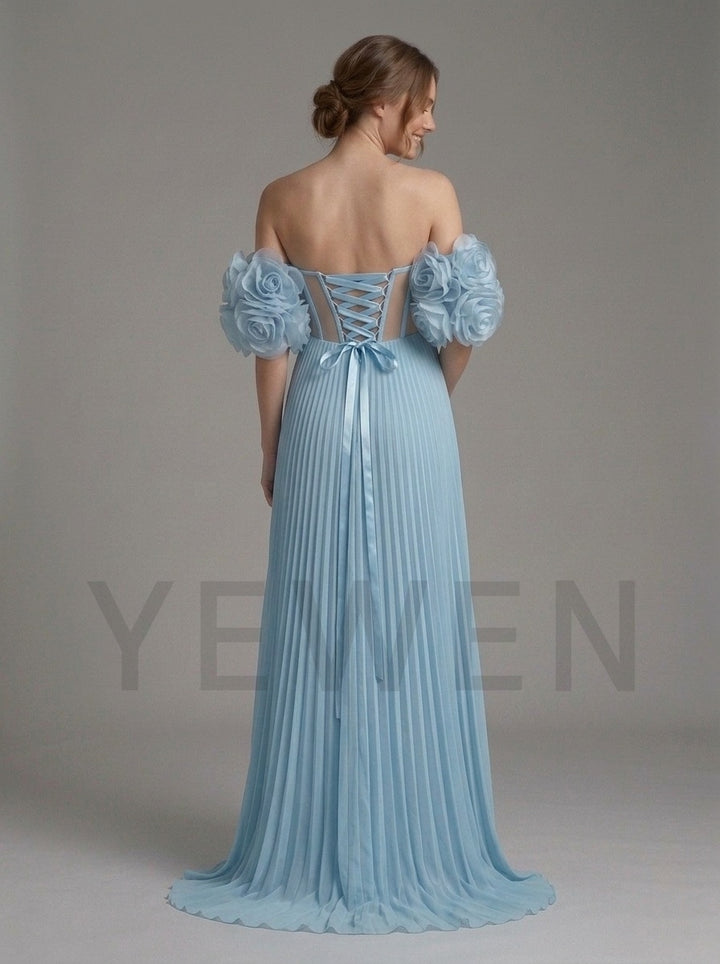 Blue 3D Rose Off-Shoulder Pleated Maternity Dress Baby Shower YD261023