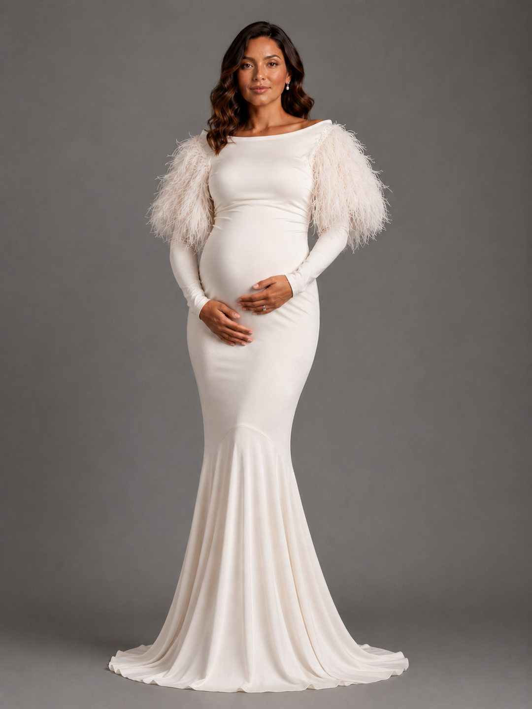 Ivory Feather Sleeve Maternity Mermaid Dress for Baby Shower L-26817