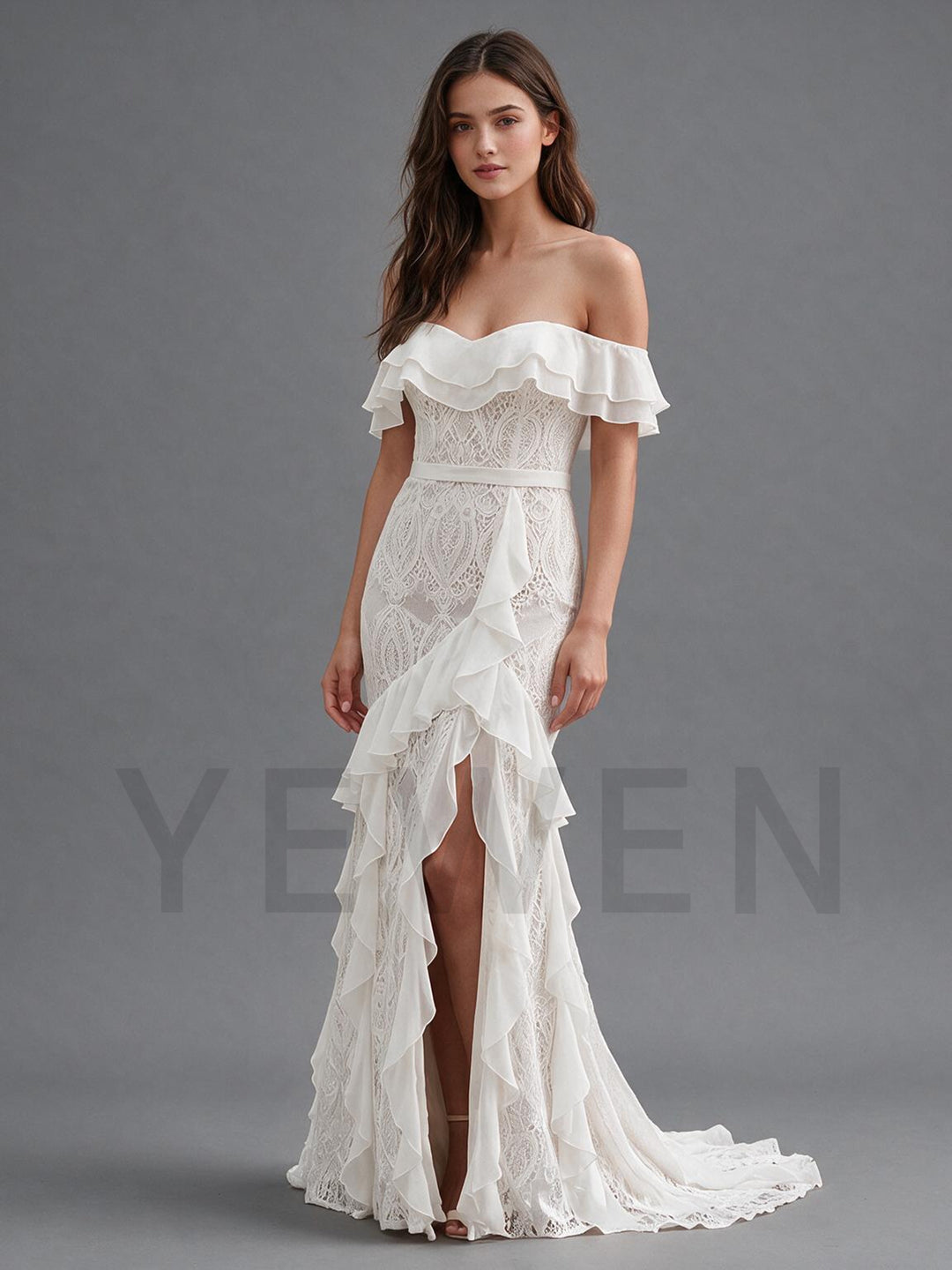 Ivory Off-Shoulder Ruffle Neckline Fitted Lace Boho Wedding Dress