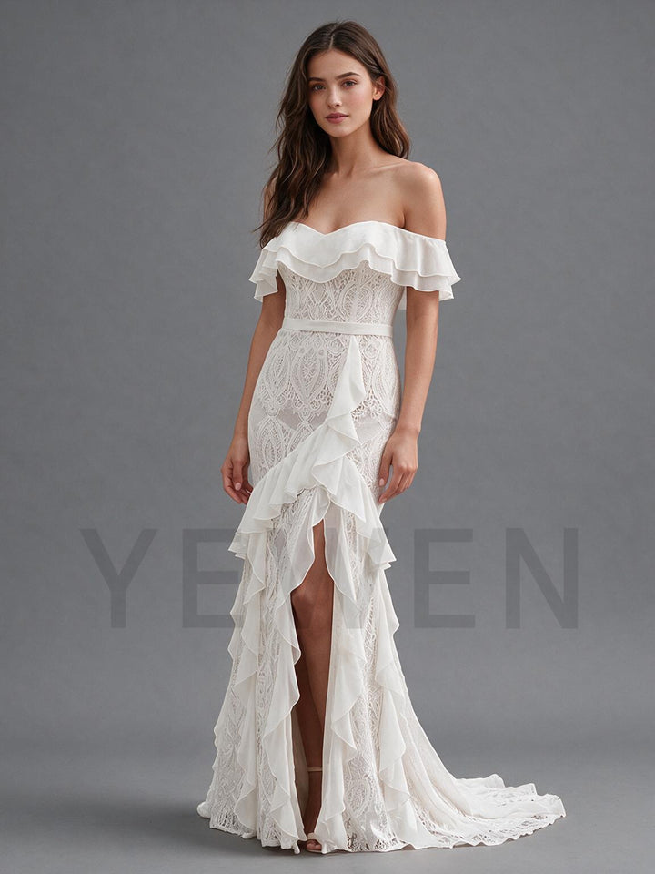 Ivory Off-Shoulder Ruffle Neckline Fitted Lace Boho Wedding Dress