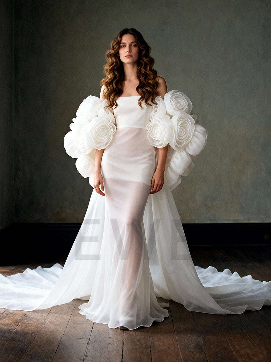 Gorgeous Handmade 3D Flower Short Cape with Detachable Train Elegant Wedding Cover Up Bridal Shawl YW250028