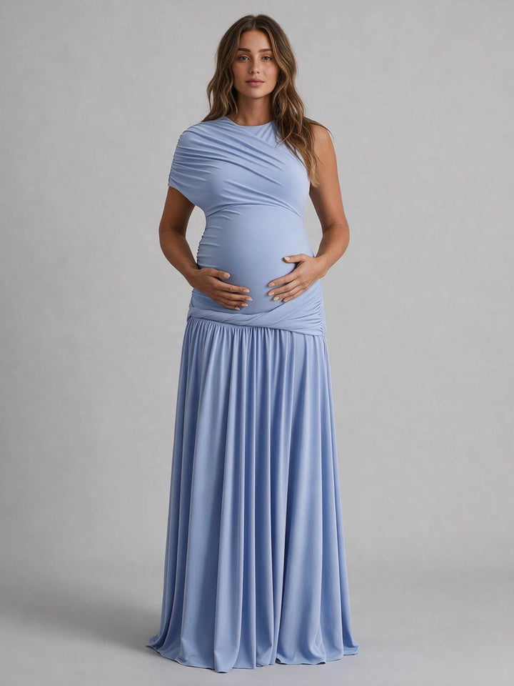 One-Shoulder Draped Ruched Maternity Dress for Baby Shower