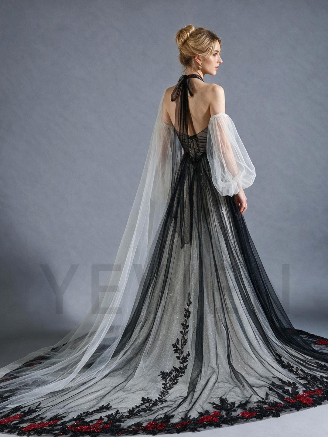 Halter Sheer Mesh Floral Evening Gown with White Tulle Sleeves YX26102