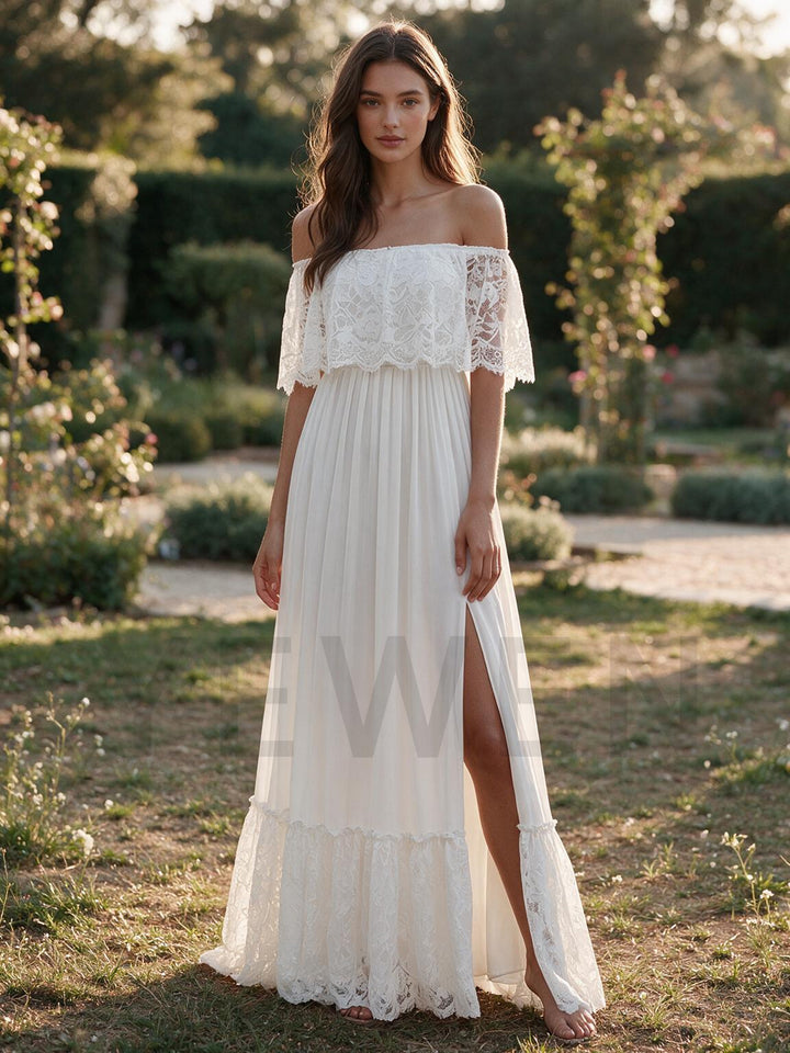 Ivory Off-Shoulder Ruffle Lace Pleated Boho Wedding Dress