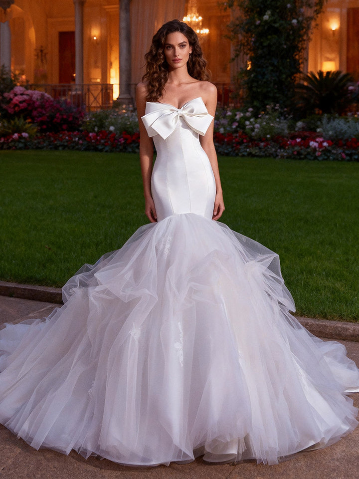 Satin Mermaid Wedding Dress with Fit and Flare Tulle Trail Gown for Bridal To Be 2025