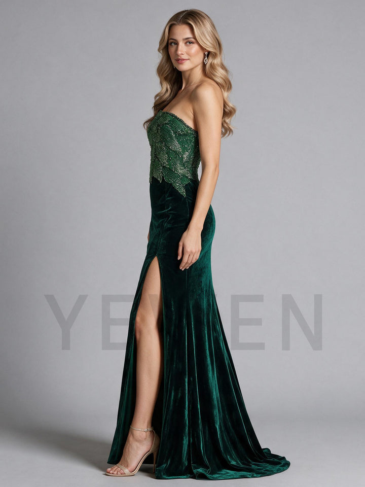 Green Strapless Beaded Velvet Mermaid Christmas Dress YW2609226