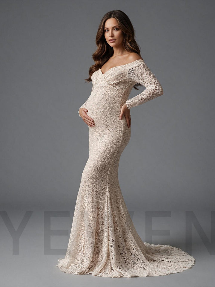Lace Off-Shoulder Long Sleeve Maternity Gown for Photoshoot YW2610191