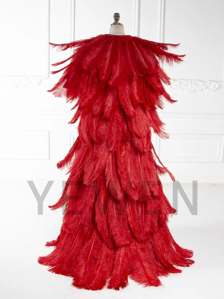 Luxury Burgundy Ostrich Feather Maternity Robe for Photoshoot YW250017