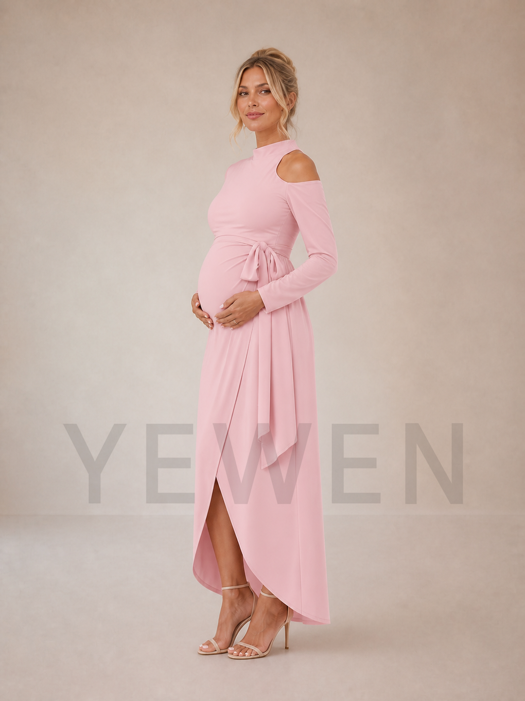 Elegant Pink Maternity Midi Dress Cold Shoulder Gown with Feather Cuffs ZX003