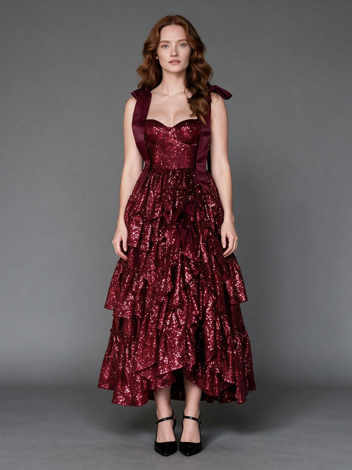 Burgundy Bow Strap Sequin Layered Ruffle Christmas Dress YW26100810
