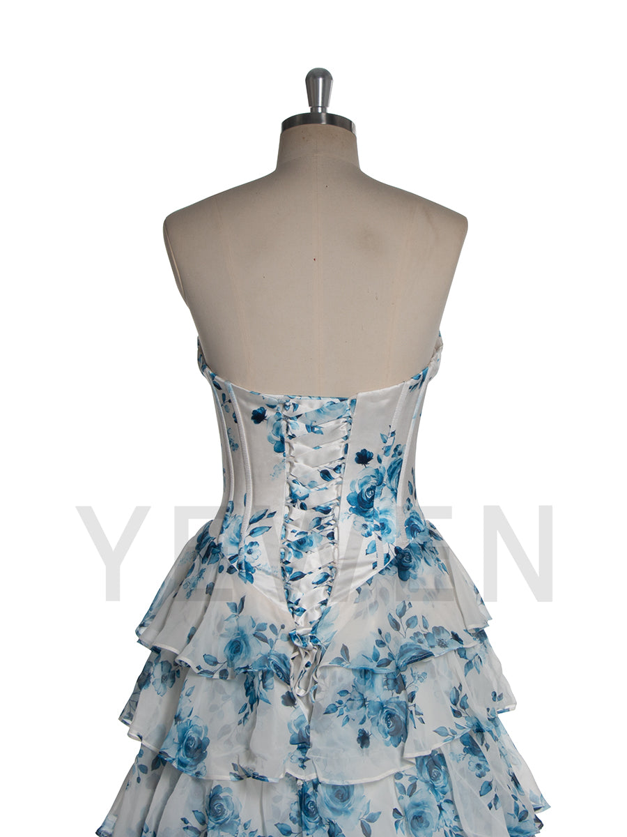 Elegant A Line Printed Chiffon Long Prom Dress with Ruffles YW240048