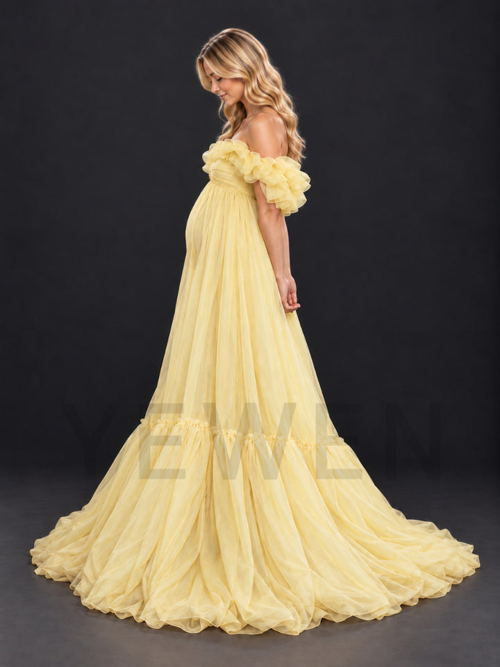 Off-Shoulder Tulle Tiered Ruffle Maternity Photoshoot Gown HA261004
