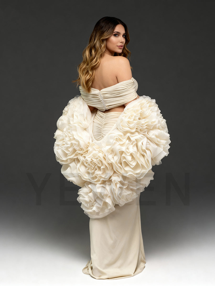 Beautiful 3 Piece Set for Photohoot Long Mermaid Dress with Flower Cape Shawl