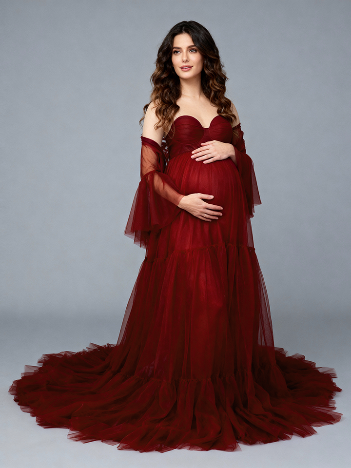 Burgundy Tulle Maternity Gown for Photo Shoot Baby Shower