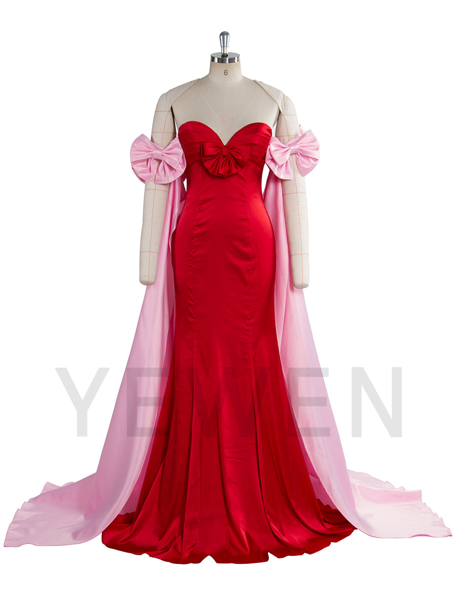 Elegant Satin Pink Cape With Red Bow Off Shoulder Prom Dresses uk LT003