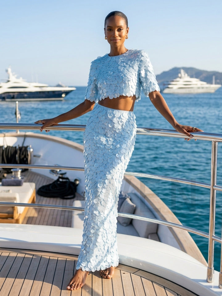Two-Piece Sequin Party Dress Set with Crop Top and Long Skirt YD261005