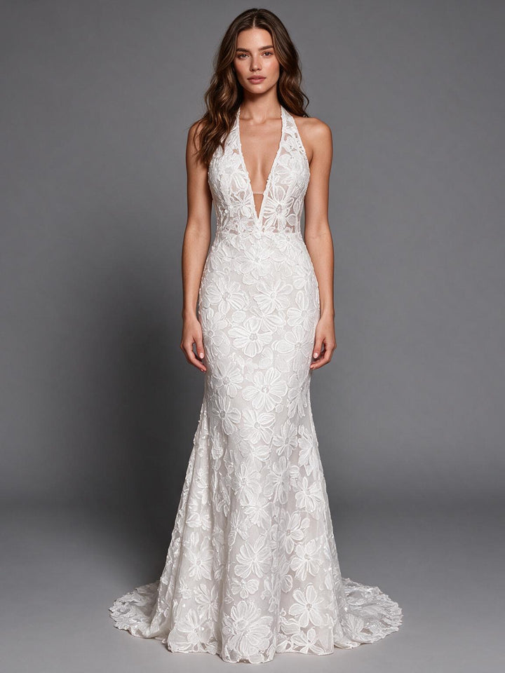 White Halter Deep V-Neck Floral Mermaid Wedding Dress