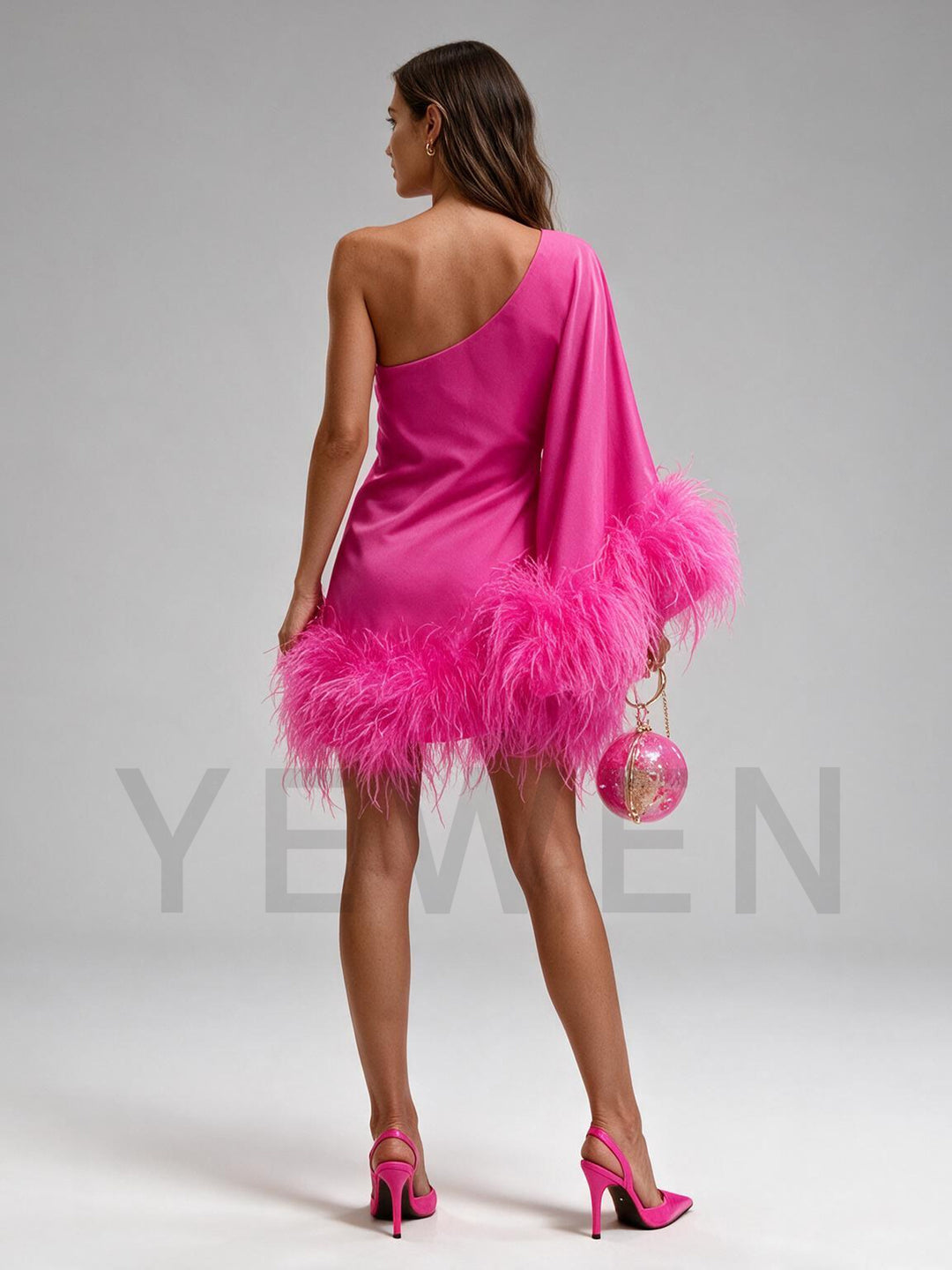 Fuchsia Ostrich Feather One-Shoulder Poncho Party Dress YW2610062