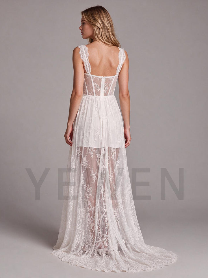 Ivory Sweetheart Neckline Lace Boho Wedding Dress with Sheer Lace Maxi Skirt