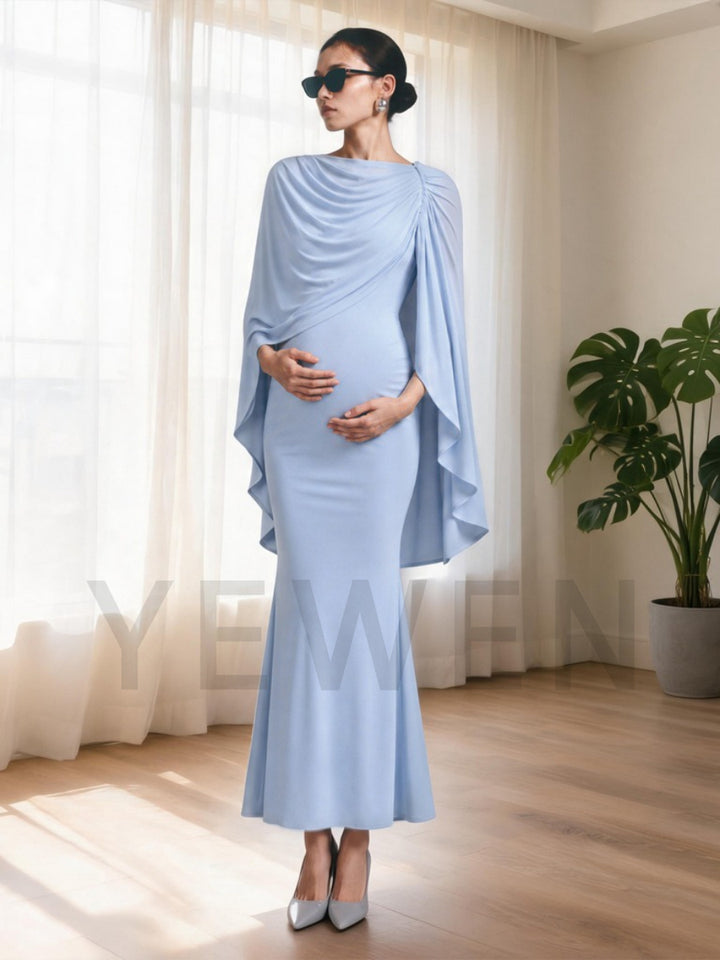 Blue Cape Sleeves Fitted Mermaid Maternity Dress for Baby Shower L-26922