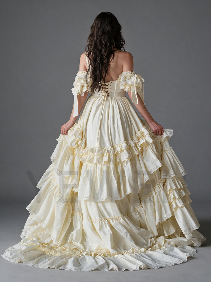 Cream Off-Shoulder Puff Sleeve Tiered Ruffle Princess Dress YW2610168