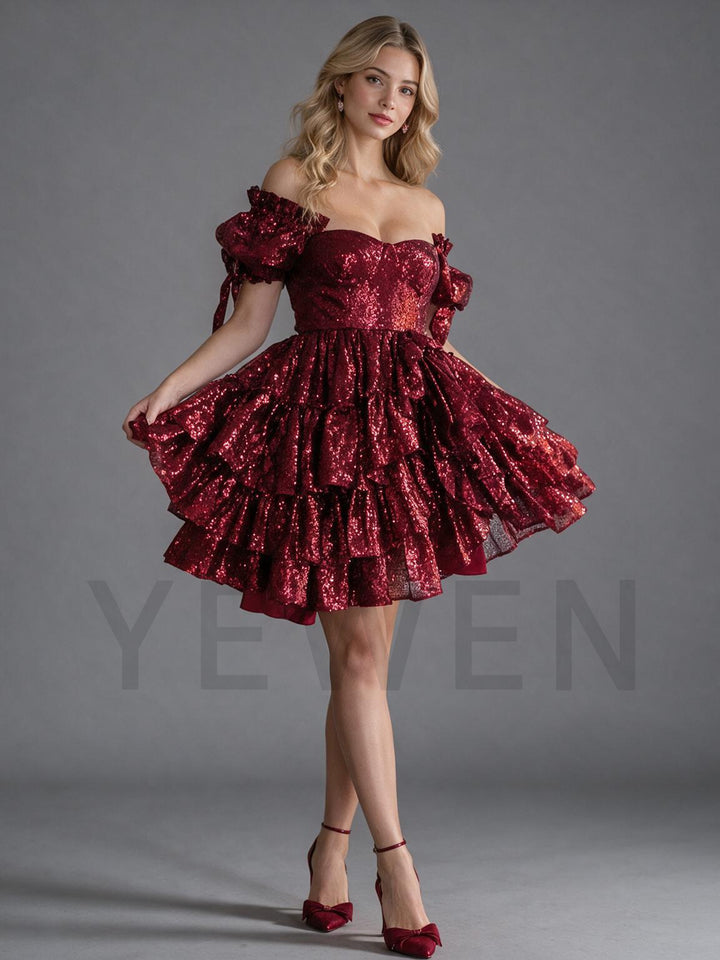 Bow Puff Sleeves Off-Shoulder Sequin Christmas Dress YW2610081