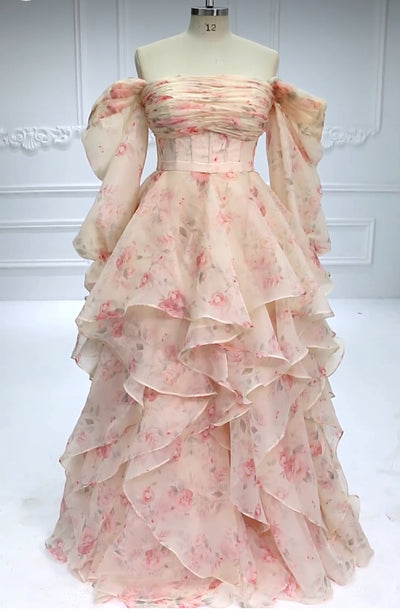 A Line , Floor Length , Printing Floral Prom Dress , Photo Shoots Dress