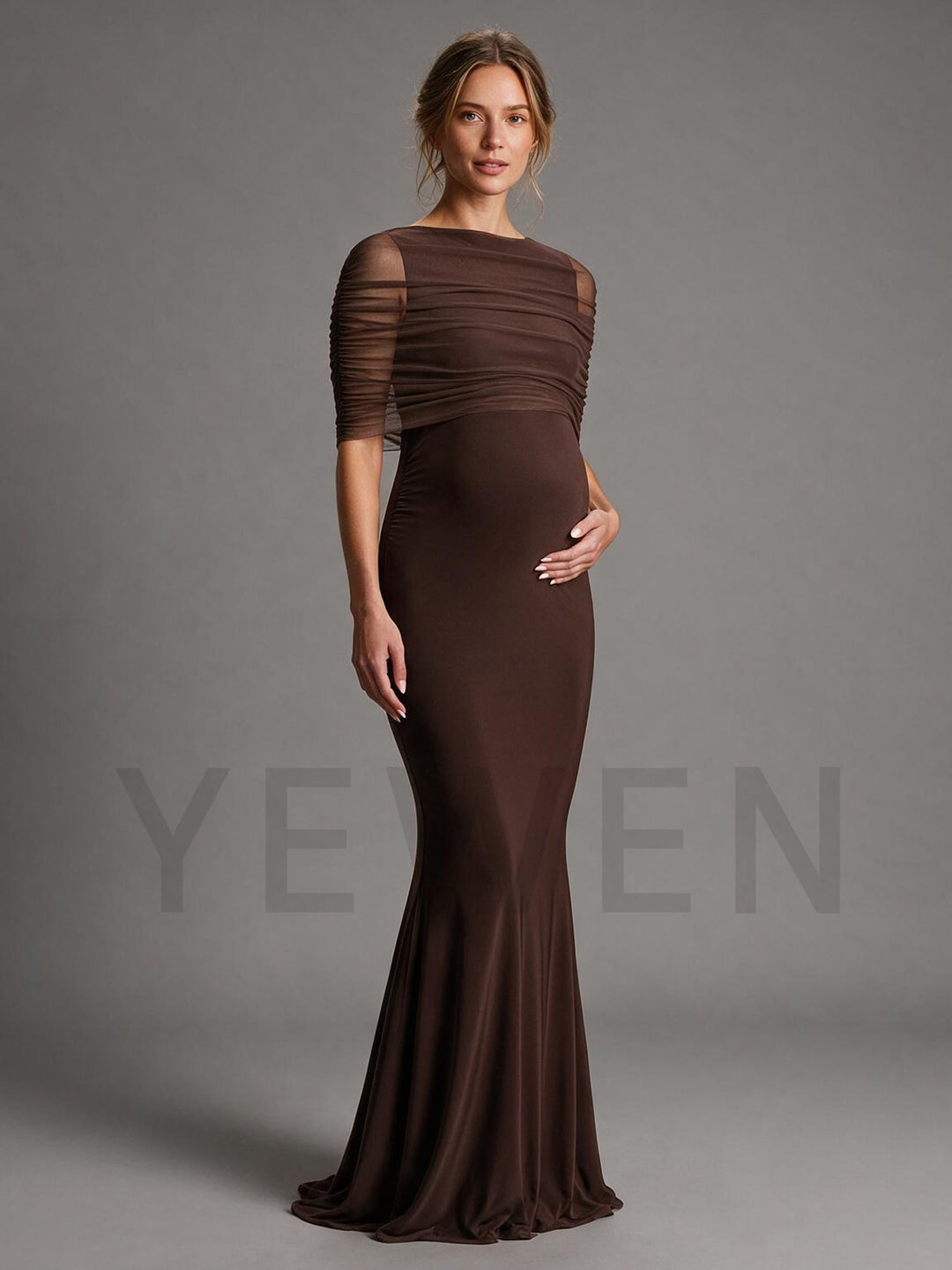 Brown Crew-Neck Maternity Gown With Mesh Cape