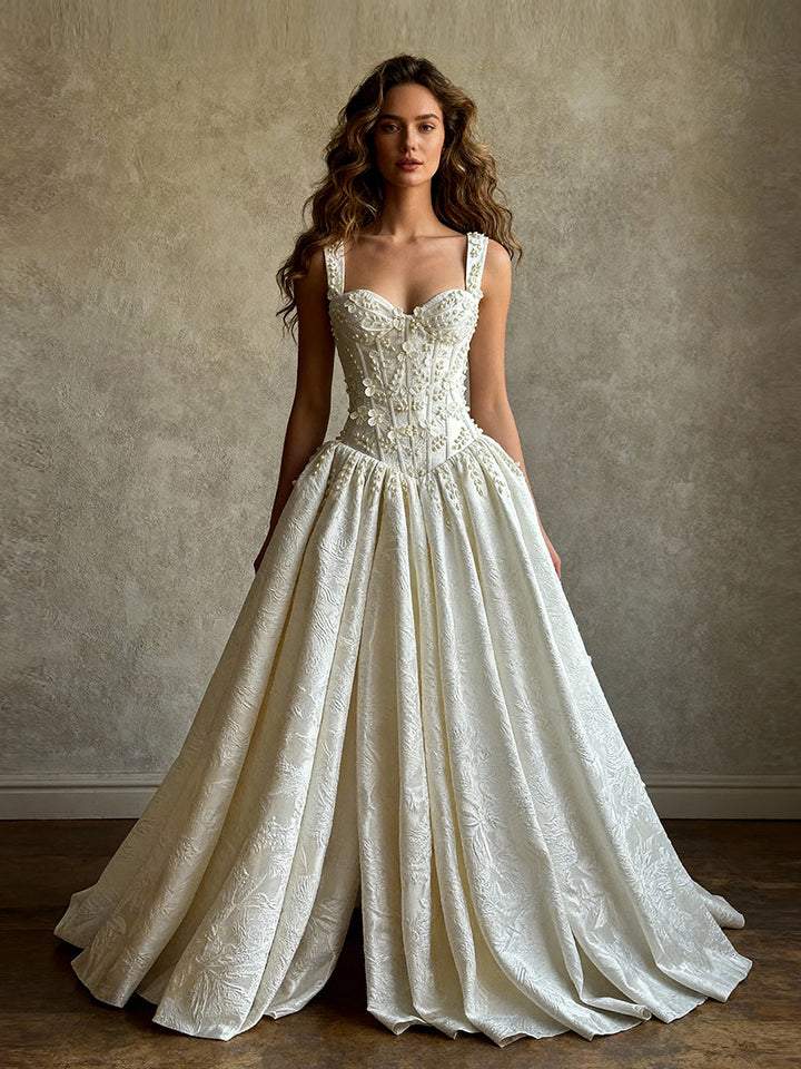 Romance Bridal Gown Floral-textured Brocade Fabric A Line Wedding Dress