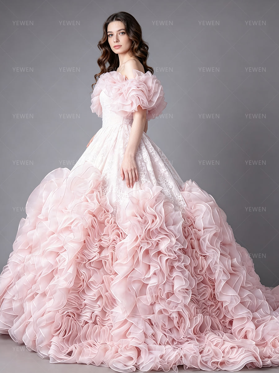 Photography Gown Organza Ruffle Short Sleeve Bridal Gown Princess Bespoke Occasion Dresses for Special Occasions