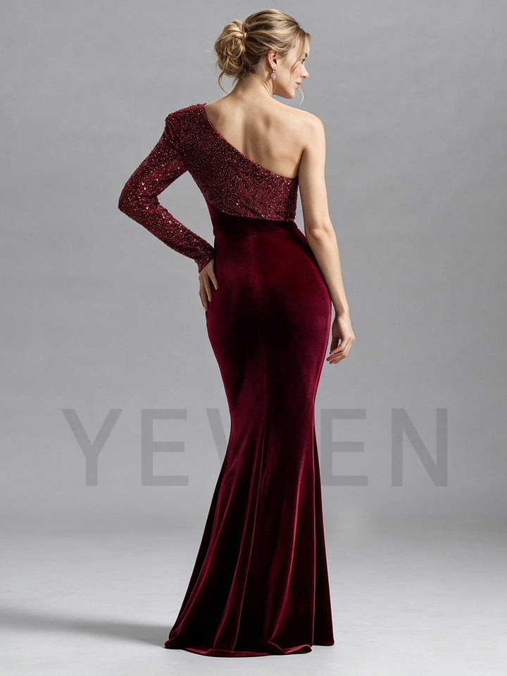 Burgundy One-Shoulder Sequin Velvet Mermaid Christmas Dress YW2609213