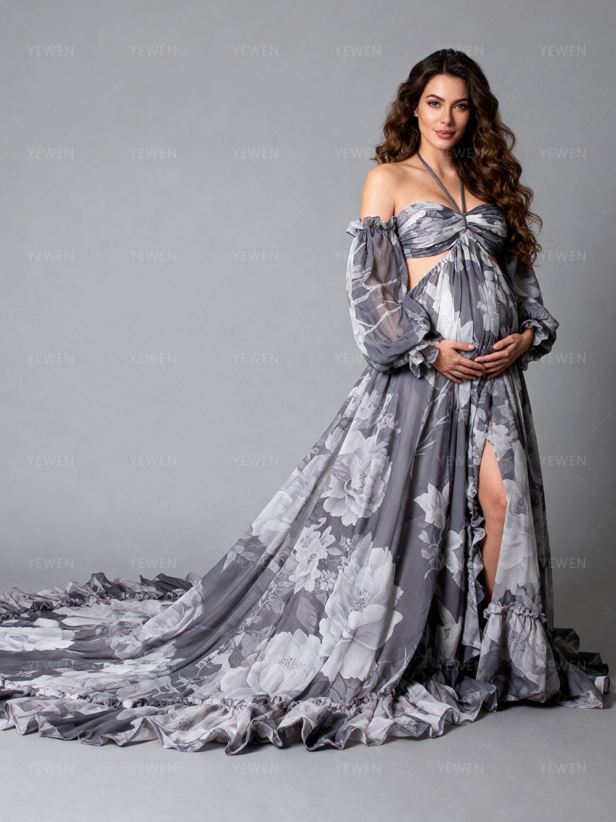 Bohemian Printed Chiffon Maternity Dress for Photoshoot Pregnancy Dress Photoshoot YW240526