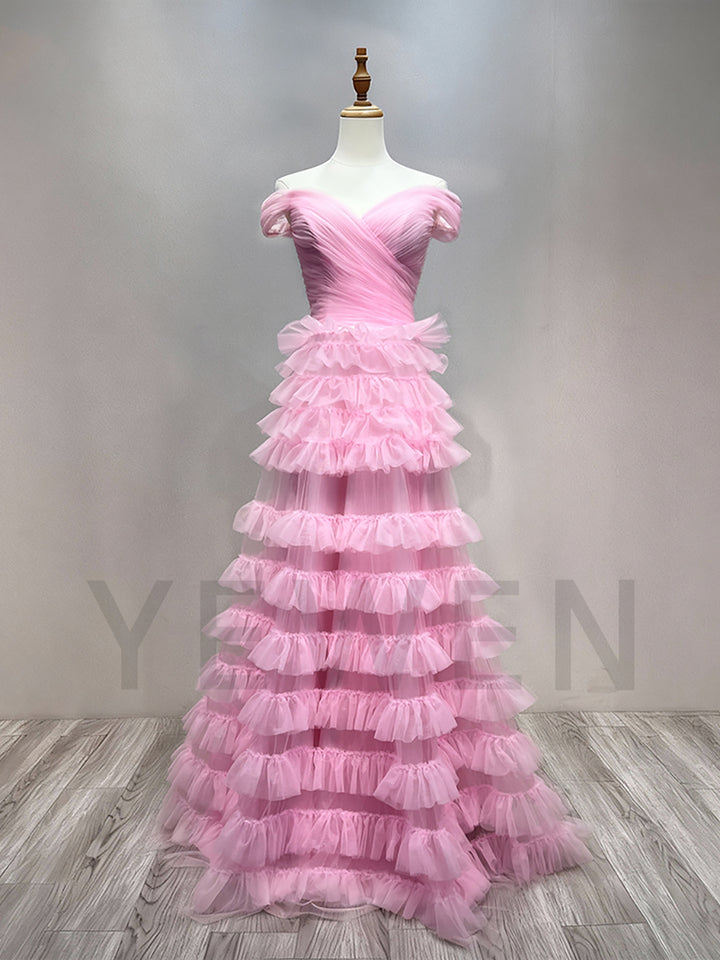 Layer Pink Prom Dress Off The Shoulder Long Evening Party Dresses F25159J