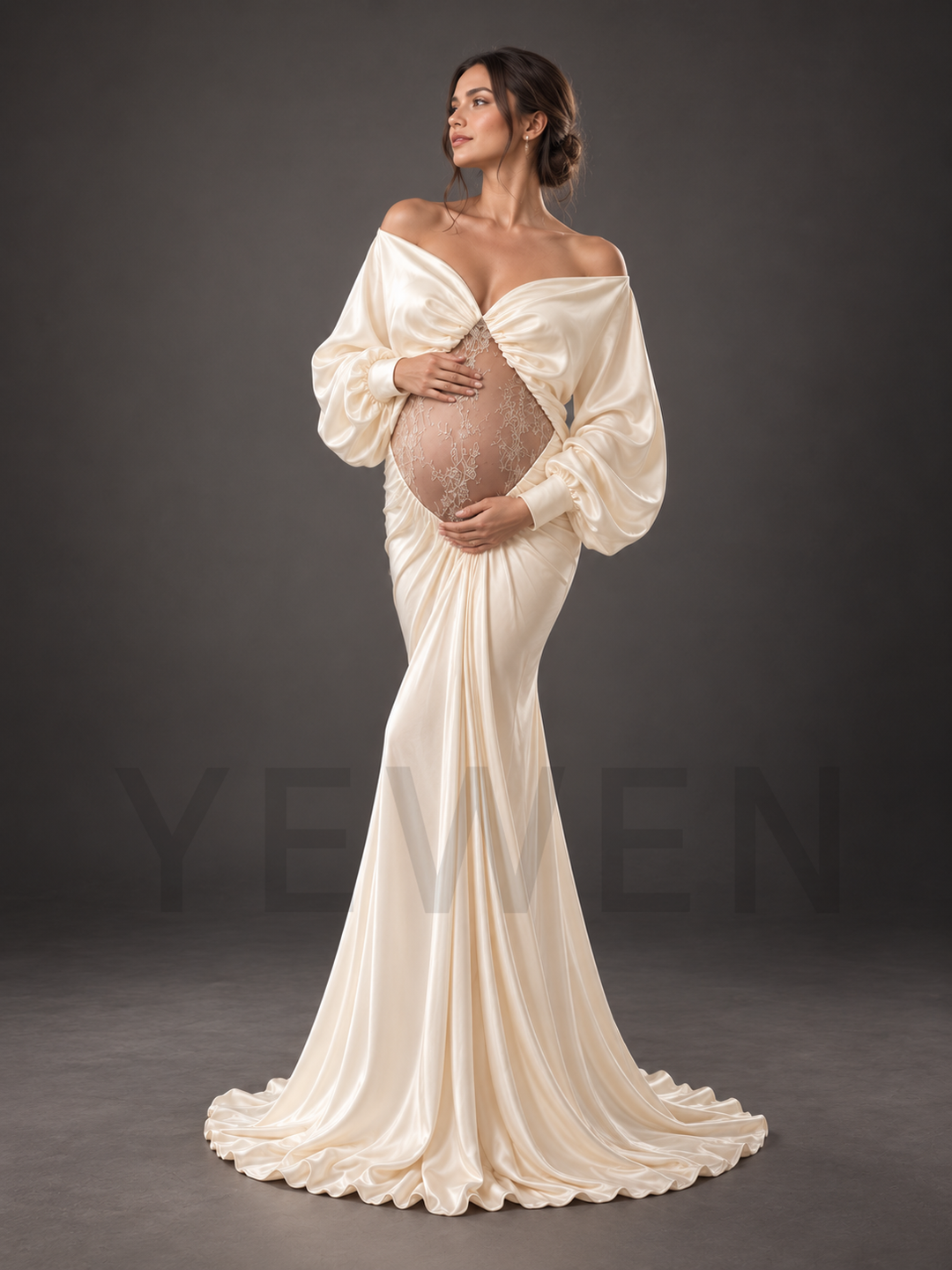 Off-Shoulder Sheer Lace Belly Maternity Photoshoot Gown HY269006