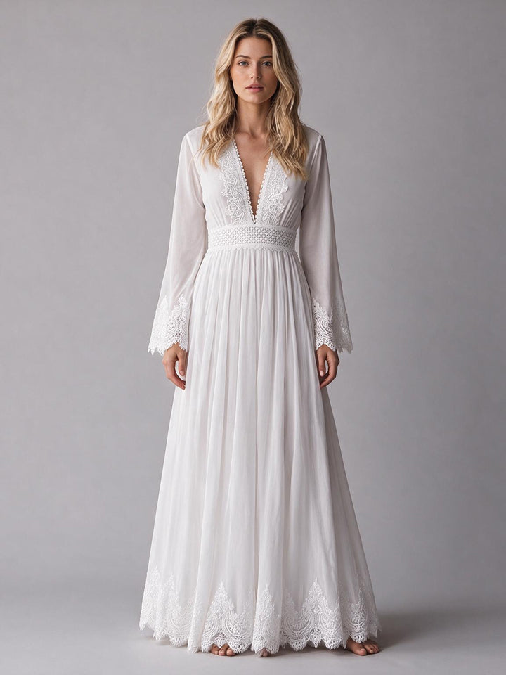 Ivory V-Neck Sheer Bell Sleeve Chiffon Lace Panel Boho Wedding Dress