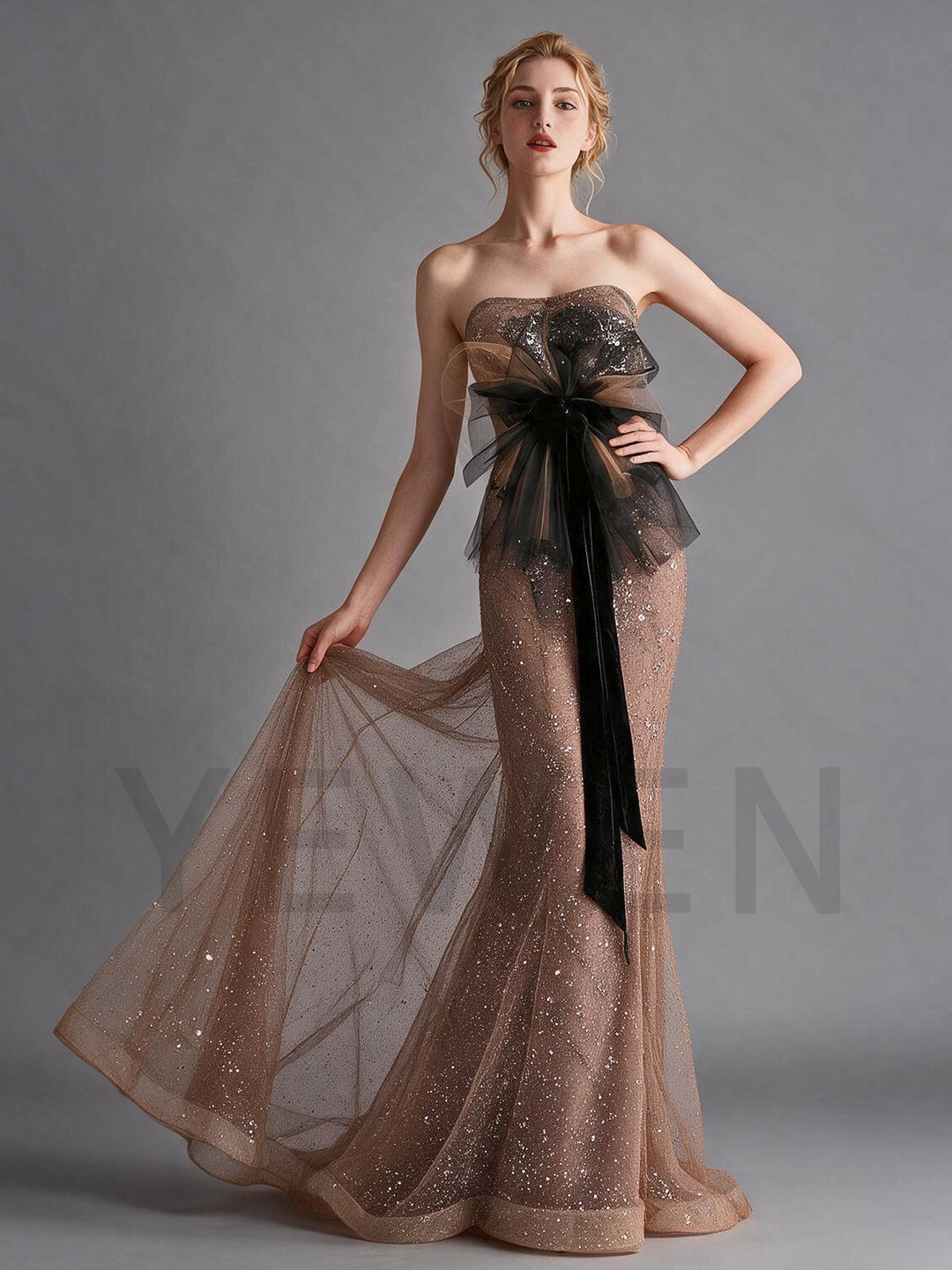 Glitter Sequin Tulle Strapless Evening Gown with Black Bow YX0010