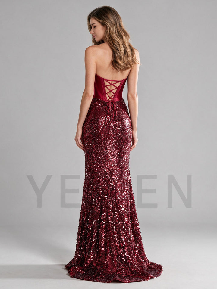 Burgundy Strapless Sequin Mermaid Christmas Dress YW2609222